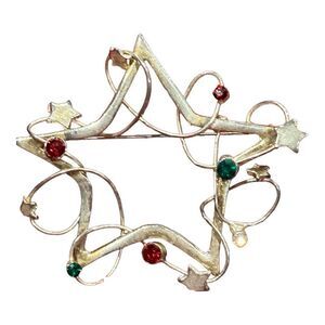 Star brooch vintage green & red gems wrapped wire